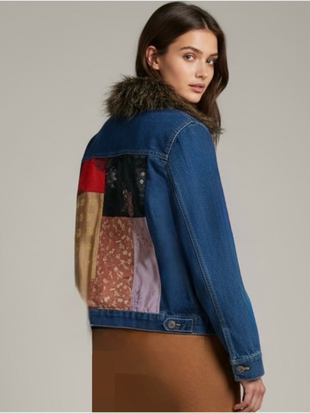 Vintage Y2K Carree's Embellishments Faux Fur Patchwork Denim Jacket M